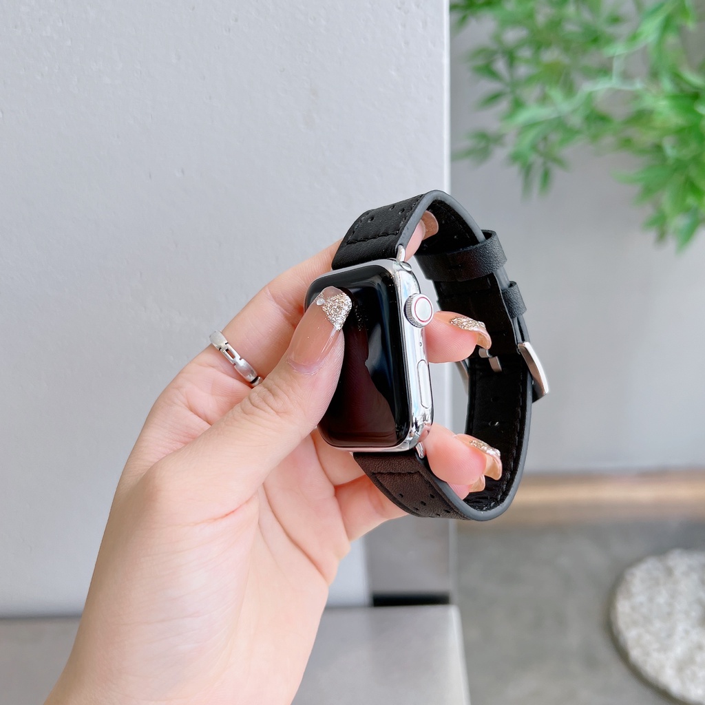Dây Đeo Bằng Da Thật Thoáng Khí Cho Đồng Hồ Thông Minh Apple Watch Series 7 SE 6 5 4 3 2 1Buckle 38 40 41 42 44 45mm