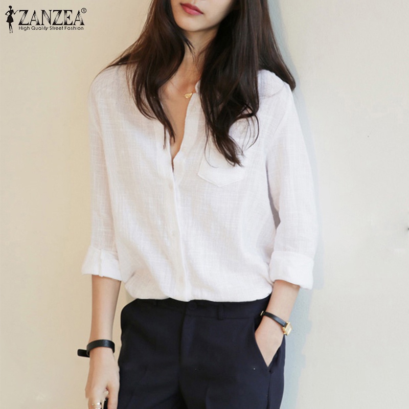 Áo sơ mi Zanzea tay dài cổ tròn màu trơn thời trang dành cho nữ