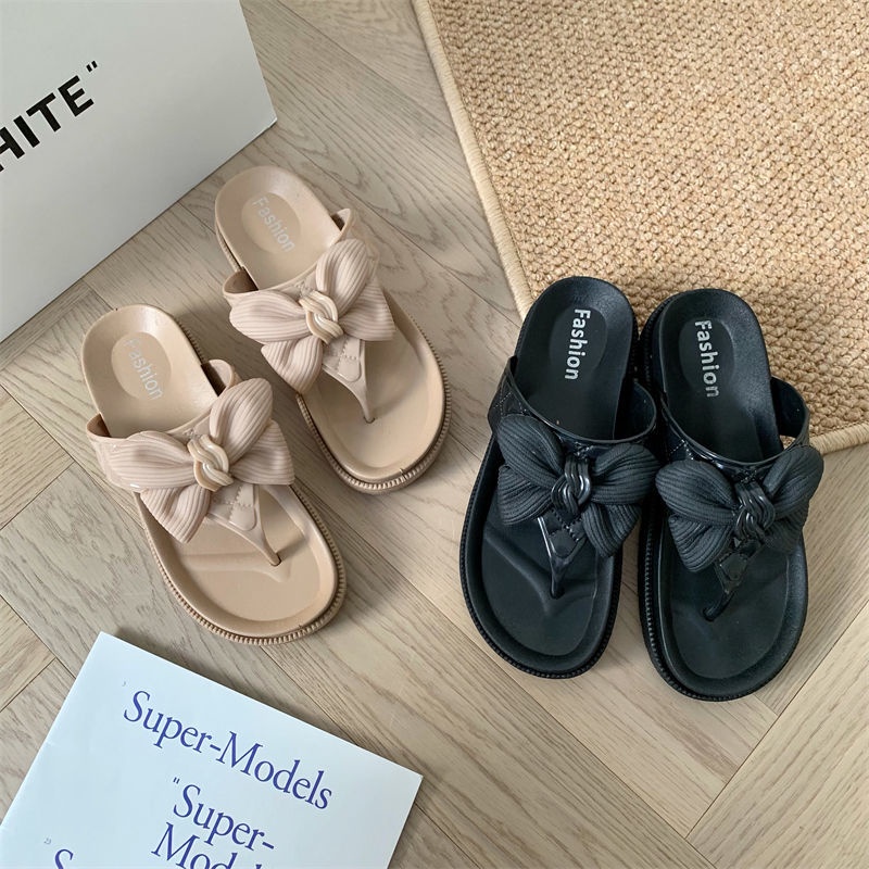 Dép Xỏ Ngón Quai Ngang Đế Dày Đính Nơ Họa Tiết Chấm Bi Dễ Thương Thời Trang Đi Biển Cho Nữ Giày Sandal Nữ TTH297