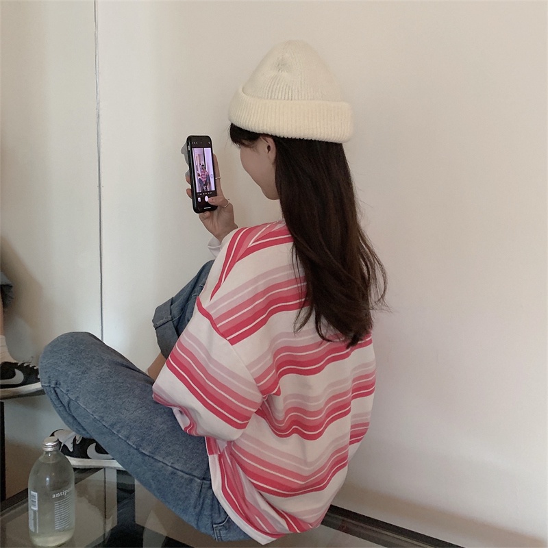 【ZHELIHANGFEI】Áo Thun Tay Dài Họa Tiết Sọc Theo Phong Cách Preppy Dễ Phối Đồ