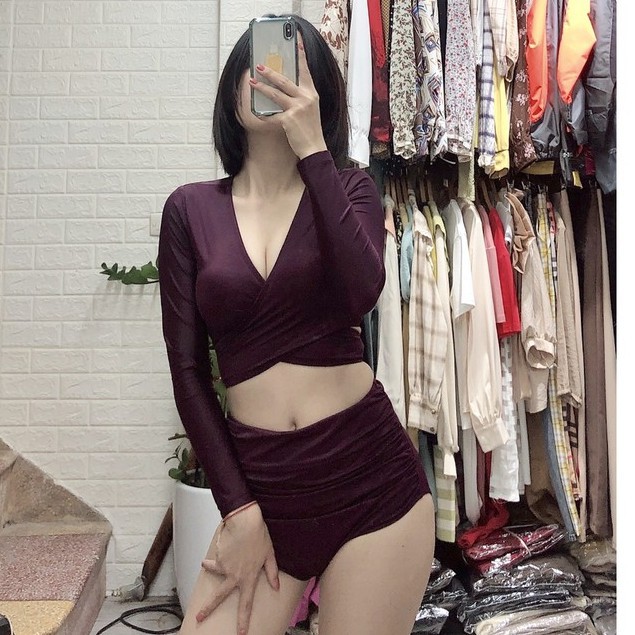 Bikini bộ bơi đồ bơi đi biển tay dài quần nhún lưng cao kín đáo che khuyết điểm (màu nho) EVA shop TDDCT