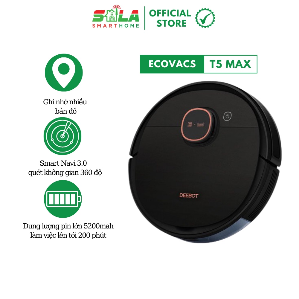 Robot hút bụi lau nhà Ecovacs Deebot T5 Max (DX65) , Vừa hút vừa lau Pin khủng Phiên bản mới 2021