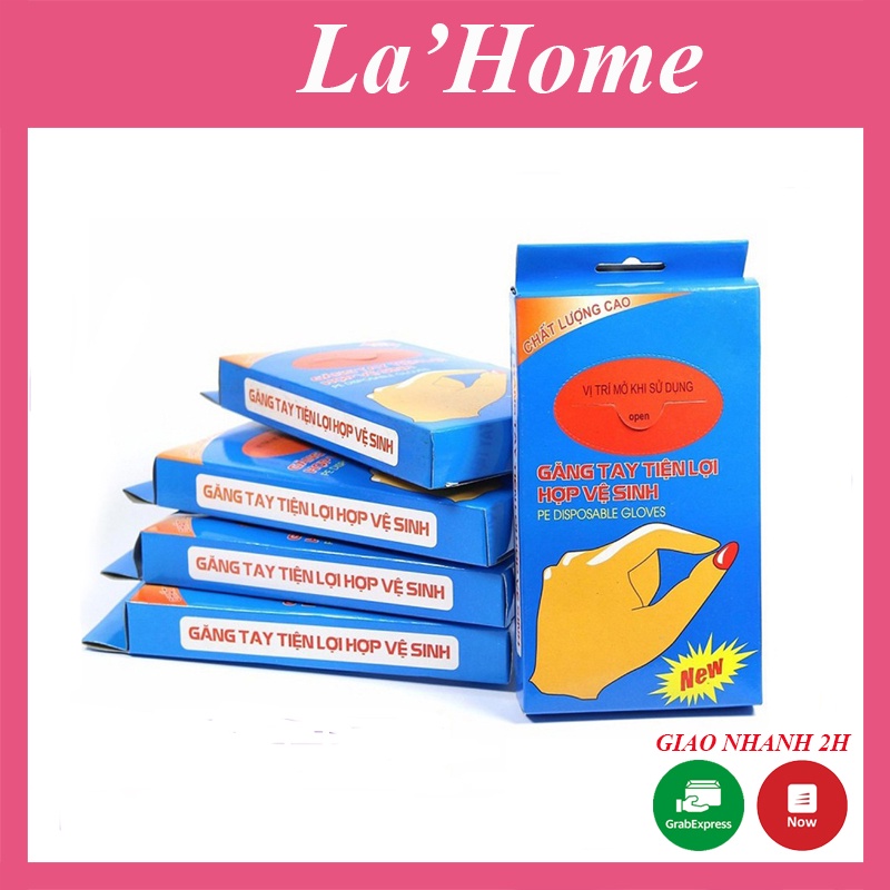 Hộp 100 găng tay nilon La'Home, dùng 1 lần, đảm bảo vệ sinh an toàn thực phẩm