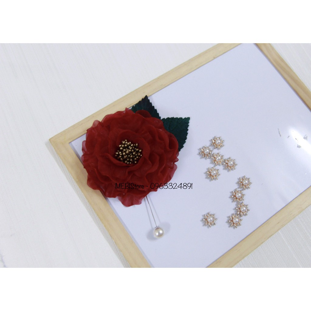 (Ảnh thật 100%) Hoa cài áo hoa mẫu đơn vải voan màu đỏ đô size 10cm nổi bật