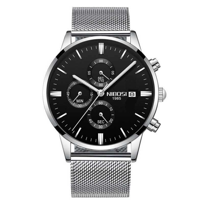 Đồng hồ nam Nibosi dây lưới màu bạc kiểu dáng thể thao