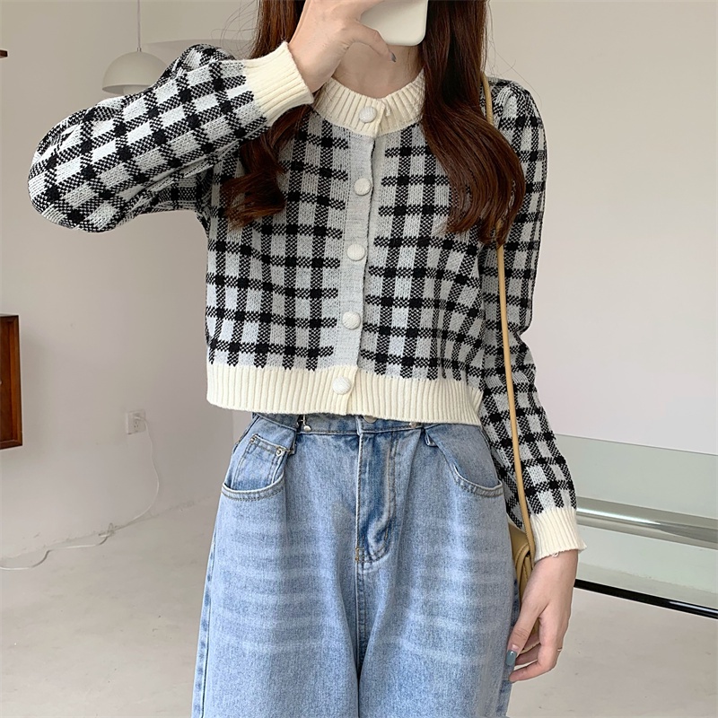 SUXI Áo sweater dệt kim tay dài dáng ngắn họa tiết sọc caro thời trang vintage cho nữ