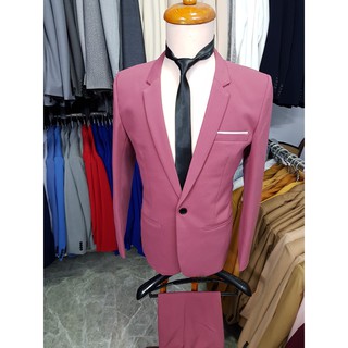 Bộ vest nam ôm body màu hồng đậm + cà vạt nơ đen