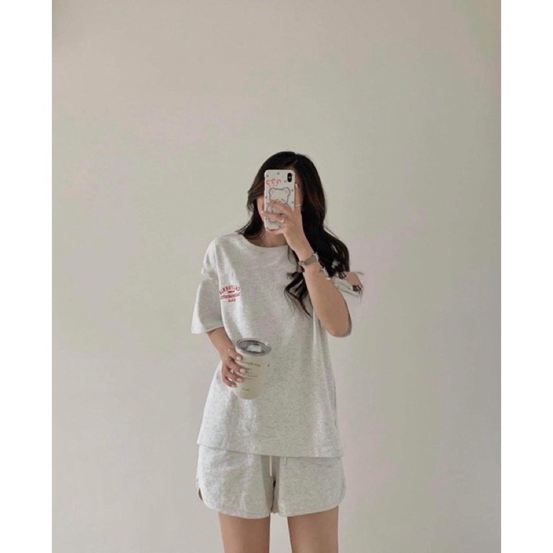 Set Bộ Đồ Chất Tổ Ong Thêu USA Nữ Bộ đồ quần short kèm áo thun from rộng tay lỡ hàn quốc Ulzzang