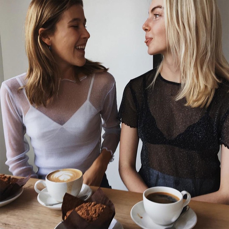 Xiangbao Áo Crop Top Lưới Tay Dài Xuyên Thấu Cổ Tròn Lấp Lánh Mùa Hè Cho Nữ
