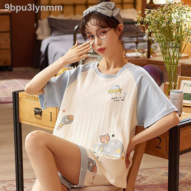 Đồ bộ/ Đồ mặc nhàBộ đồ ngủ cao cấp nữ quần đùi cotton mùa hè ngắn tay dịch vụ ở nhà sinh hoạt hình Hàn Quốc viên dễ thươ