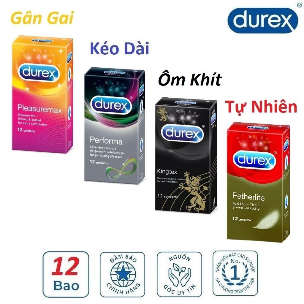 Combo 4 hộp Bao Cao Su Durex Fetherlite Ultima 12s - Kingtex 12s - Pleasuremax 12s - Performa 12s - gân gai , size kéo d