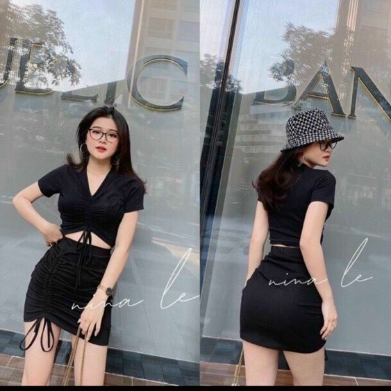 Sét bộ áo croptop rút dây giữa phối chân váy ngắn rút dây 1 bên cực xinh , chất thun bozip dày dặn