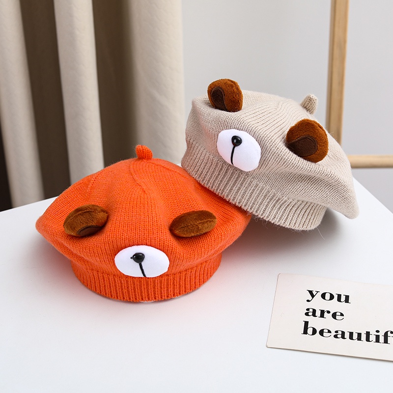 Mũ len nồi cho bé trai gái từ 3 tháng đến 24 tháng tuổi dệt kim hình chú gấu dễ thương Nón beret trẻ em ML35