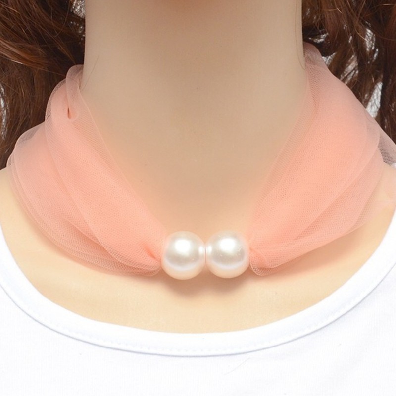 BTF Thin Mesh Lace Pearls Ring Scarf Pure Color Necklace Women Scarf Mother's Day Gifts