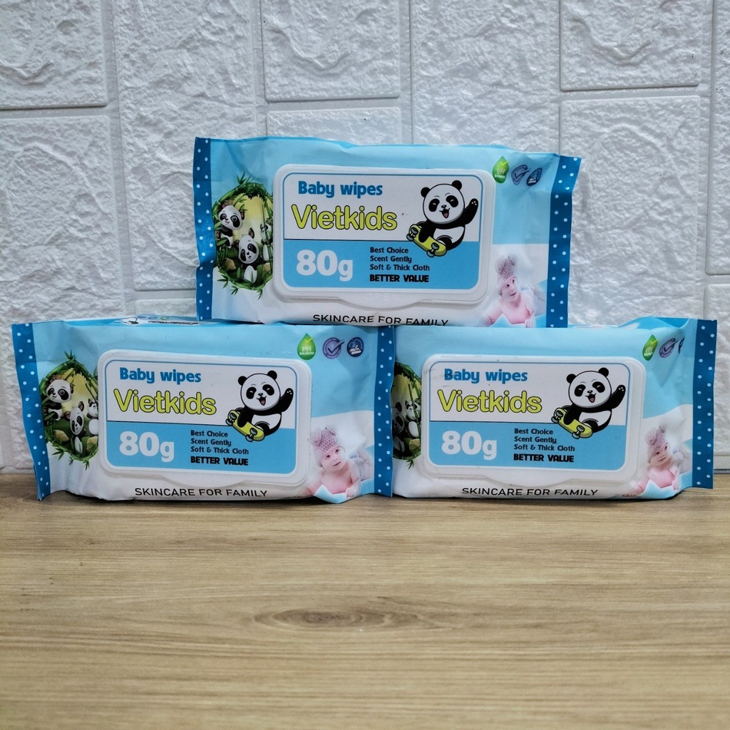 Combo 3 Bịch Khăn Giấy Ướt VietKids Siêu Mềm Mại Mùi Thơm Nhẹ 80gr