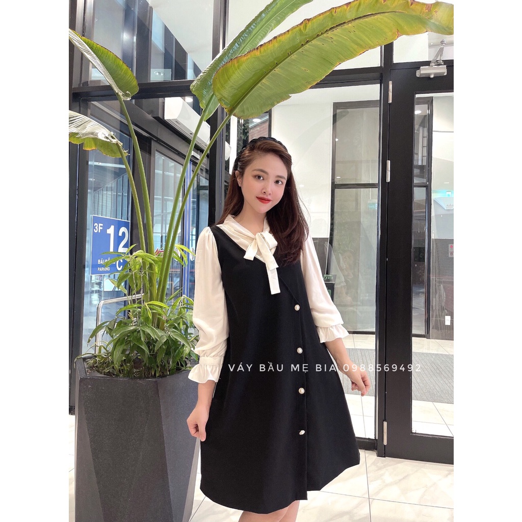 Đầm bầu công sở Váy bầu đẹp màu đen GIẢ YẾM CỔ NƠ TAY VOAN MYC 176