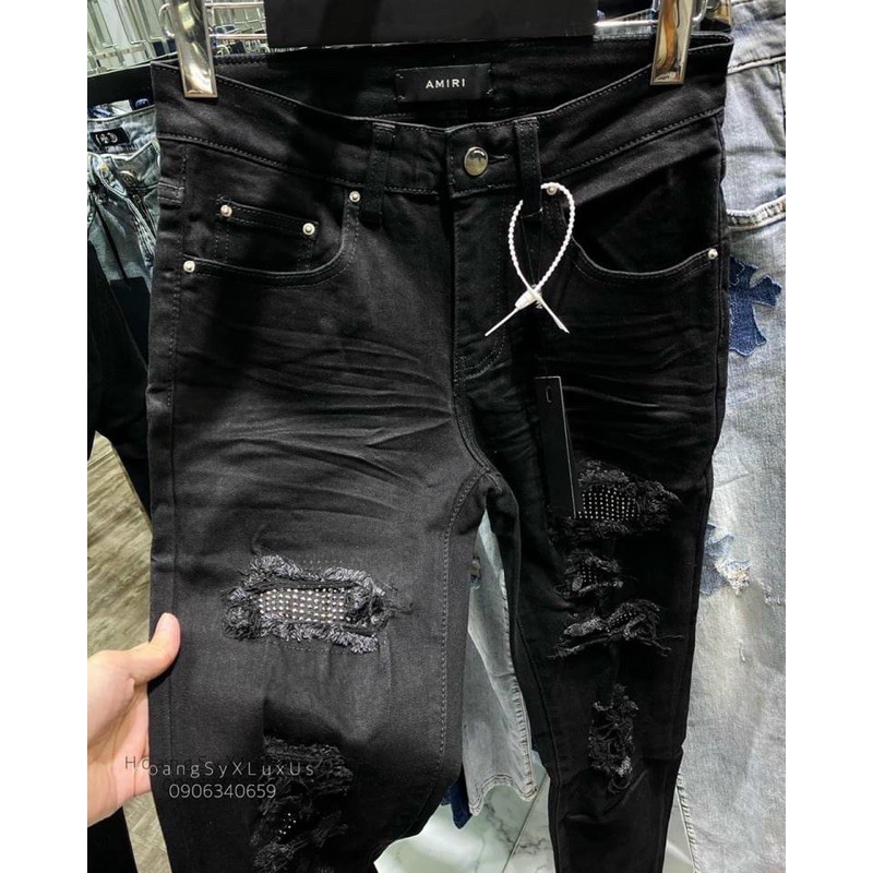 Quần bò nam đen rách đính đá, quần bò đen ốn đứng rách gối chất co dãn hàng spf.