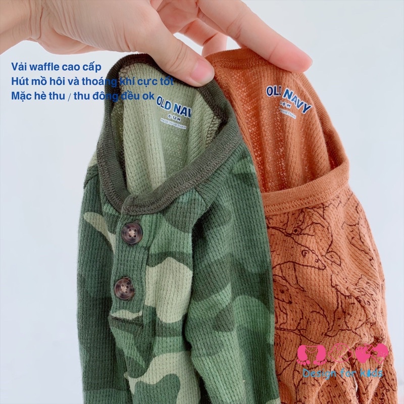 Bodysuit cho bé, body chip dài tay cổ trụ Old.Navy xuất dư vải waffle cao cấp