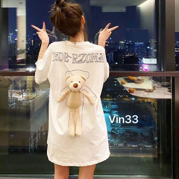 Áo Thun Nữ Tay Ngắn Dáng Rộng In Hình Gấu Sau Lưng Phong Cách Mùa Hè 2022 Dễ Phối Đồ