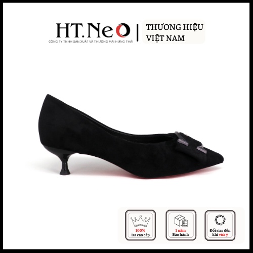 Giày nữ cao gót mũi nhọn HT.NEO Thiết kế da lộn mềm mại đính khuy cùng nơ da bắt mắt CS236