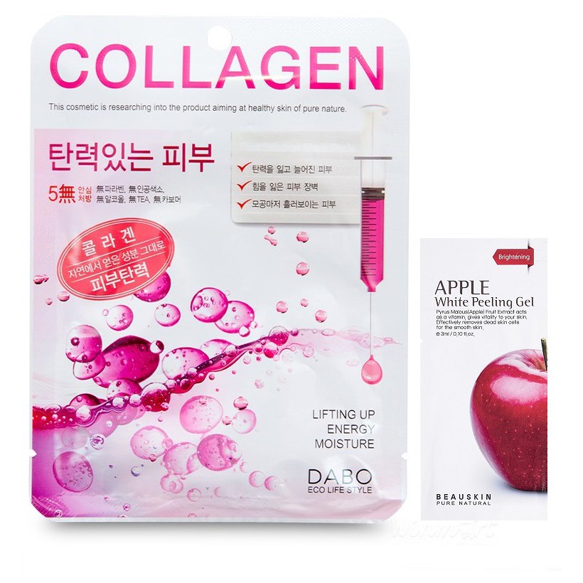 Combo 1 mặt nạ collagen Dabo Hàn quốc 23ml/gói Và 1 gói tẩy da chết Apple Beauskin 3ml/gói MẪU MỚI