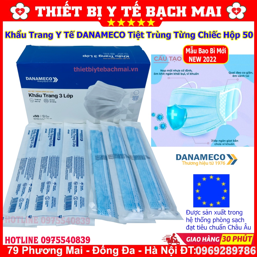 Khẩu Trang Y Tế Đã Tiệt Trùng Danameco [hộp 50 chiếc,01 chiếc/bao nilon]