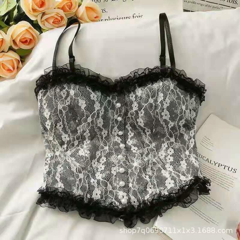Áo bra ren hoa nhí tiểu thư đính khuy kiểu dáng croptop siêu đẹp, phụ kiện thời trang nữ