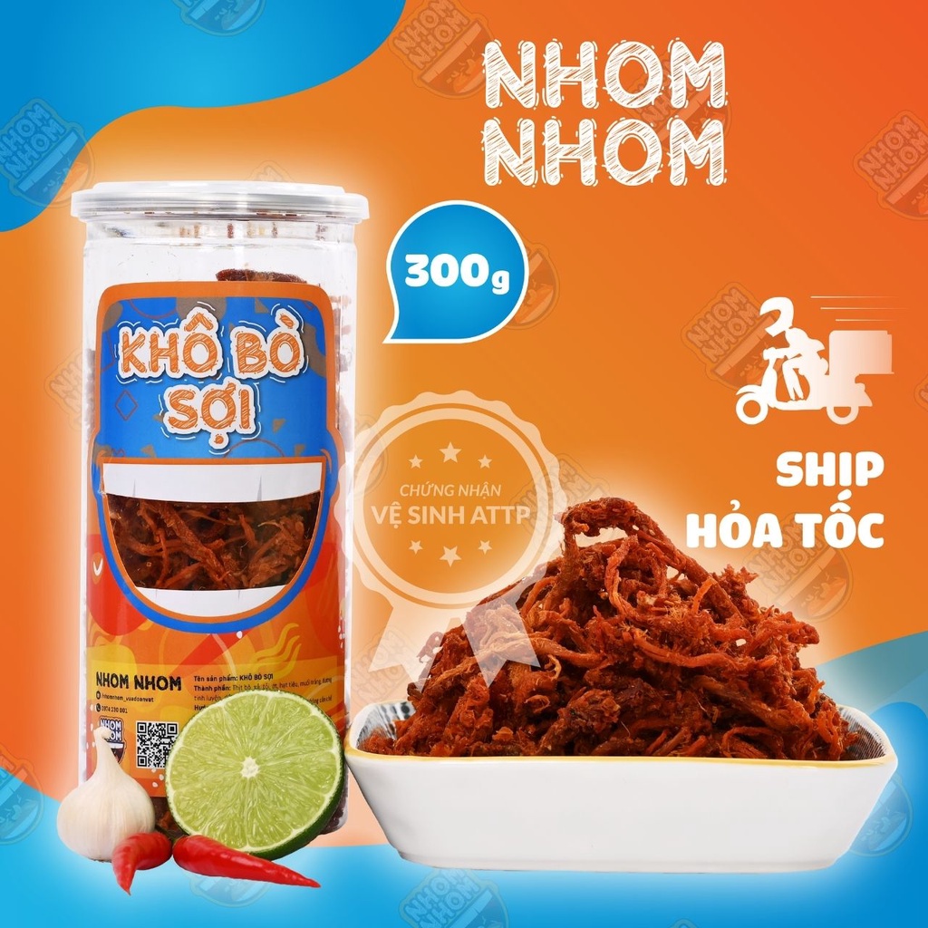 Khô Bò Sợi NHOMNHOM 300g - Đồ Ăn Vặt Việt Nam- Thịt Bò Sợi Dài Cay - Ngon Bổ Rẻ Hoả Tốc - An Toàn Vệ Sinh Thực Phẩm