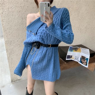 Áo len cổ bẻ lệch đính nút vàng kèm thắt lưng cá tính (có hình thật)