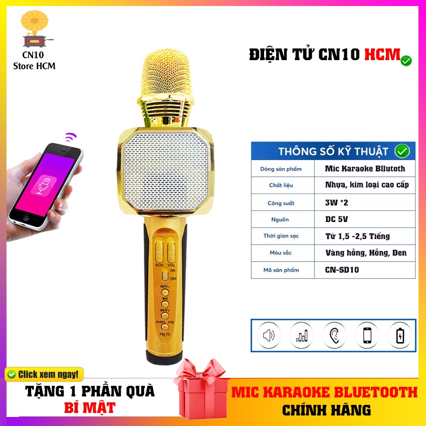 Micro karaoke bluetooth SD10 hát nhẹ nghe hay - Mic không dây chống hú 12 tháng