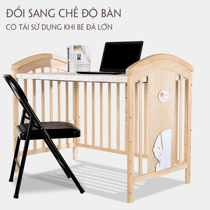 Cũi gỗ cho bé kéo dài thành giường ghép bố mẹ kích thước  - Leli Official