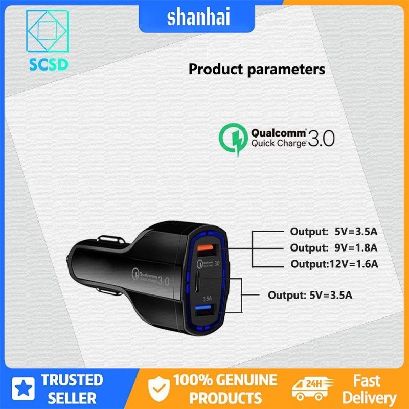 Bộ sạc ô tô Qualcomm Qc3.0 3 cổng usb sạc ô tô sạc nhanh type-C sạc ô tô