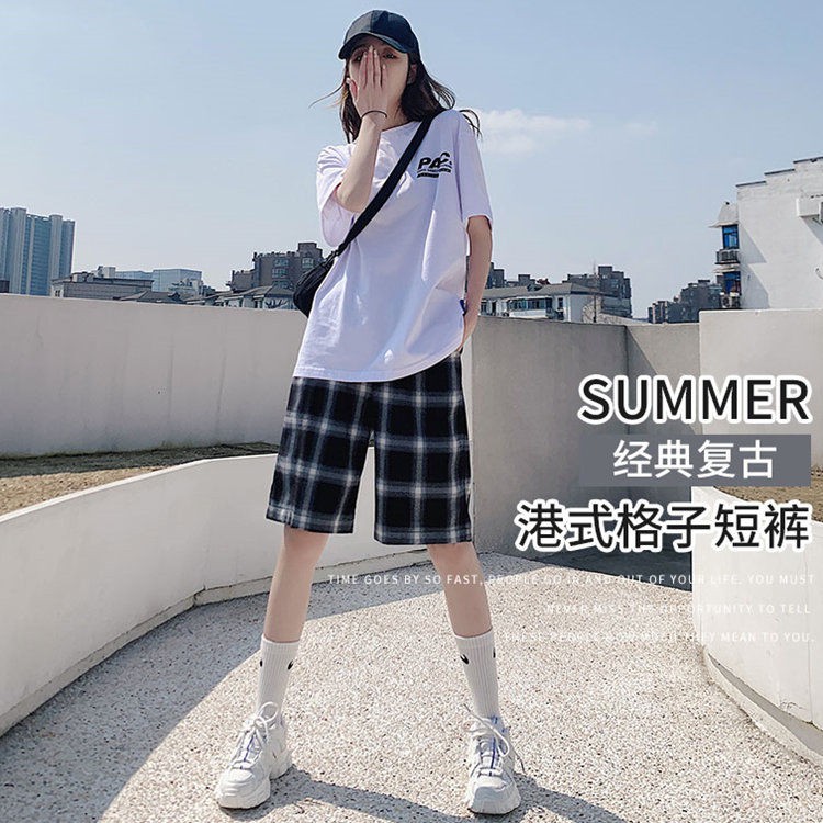 ★ Plaid Shorts Women'S Summer Loose 2020 New High-waist Casual Pants Hong Kong-style Straight Wide-leg Five-point Pants Trendy Ins