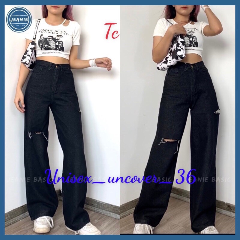 Quần JEANS Bò Nữ Ống Rộng Rách Hông & Đùi Xanh &Đen Chất Bò Mềm
