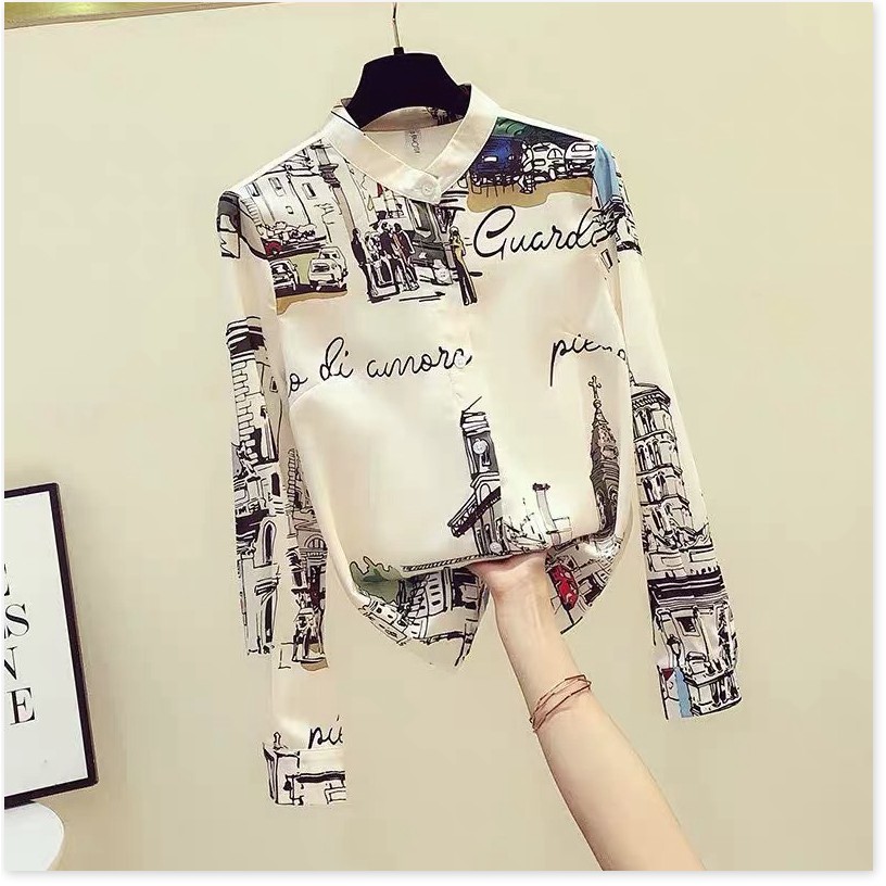 ÁO SƠ MI NỮ CỔ TRÒN TAY DÀI  IN 3D THỜI TRANG SANG TRỌNG QUÝ PHÁI CAO CẤP