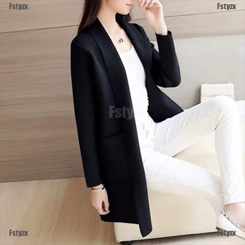 Áo khoác cardigan dệt kim tay dài dáng rộng phối túi thiết kế thanh lịch cho nữ tùy chọn màu sắc