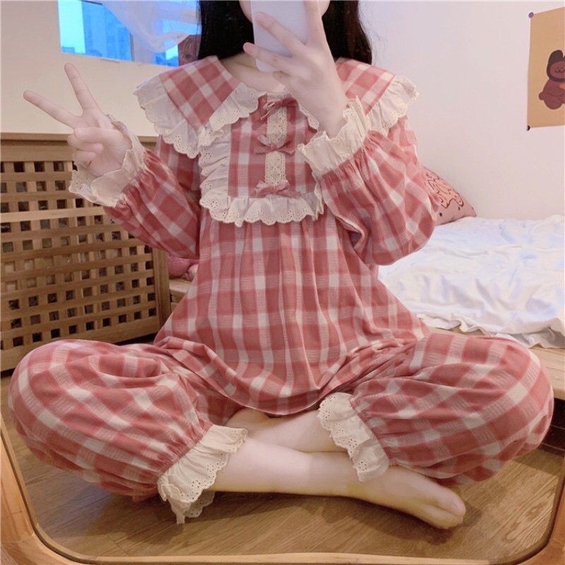 Sét Đồ Ngủ Tiểu Thư Màu Hường kẻ sọc Nữ M124 Tiệm Nhà Liin
