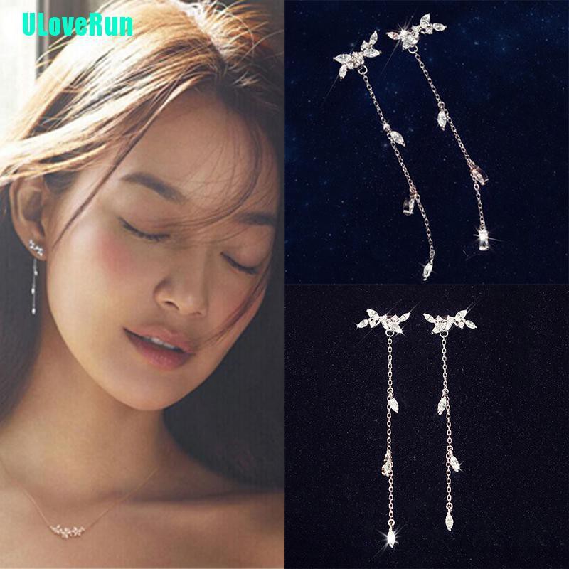 Bông Tai Dáng Dài Hình Chiếc Lá Phối Tua Rua Phong Cách Hàn Quốc Cho Nữ