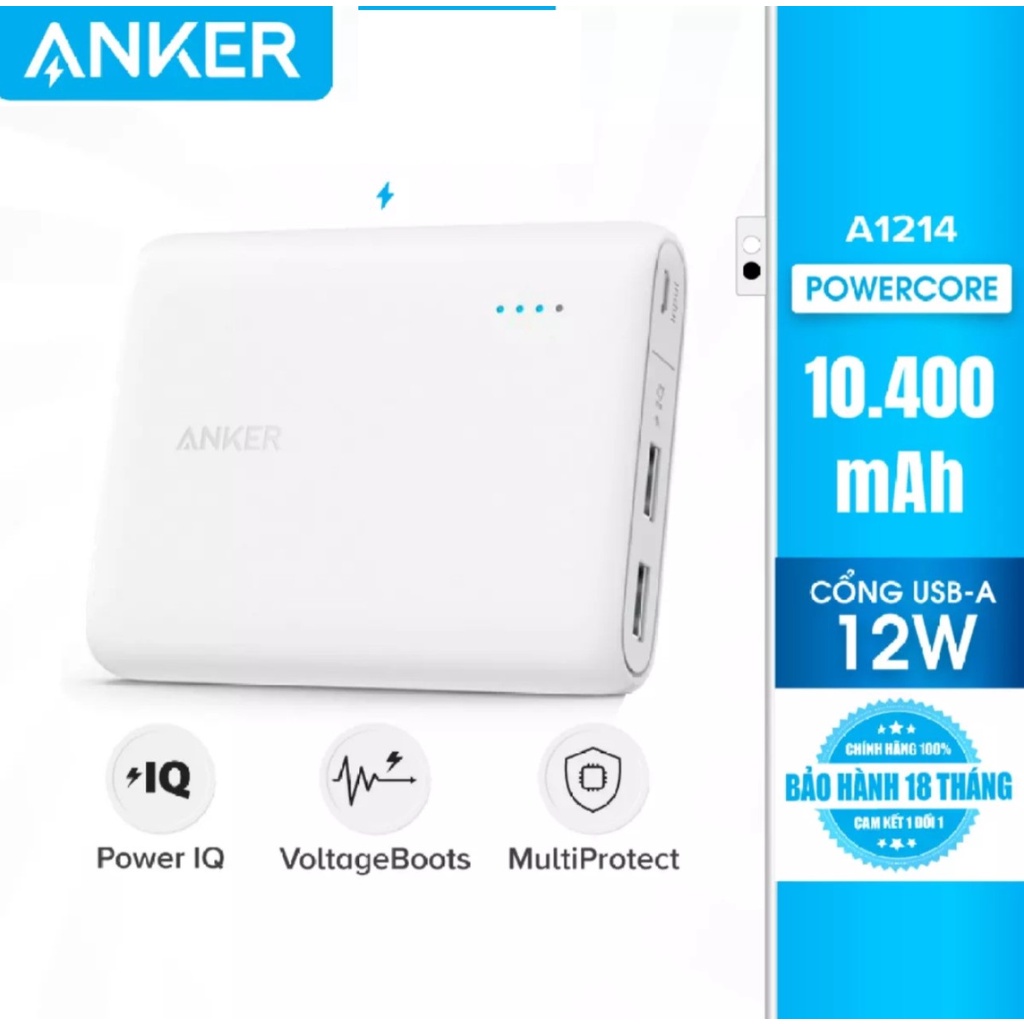 Sạc dự phòng ANKER PowerCore 10400mAh(Code: A1214) với 2 cổng PIQ sạc tối ưu 5V/3A