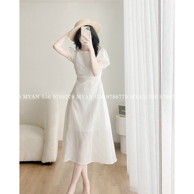 Đầm xoè dự tiệc cổ tròn tay bồng MITRIE cột 2 nơ sau lưng