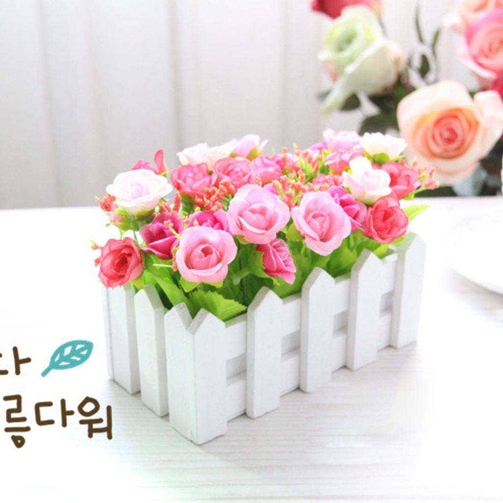 Hoa giả trang trí để bàn KHALIK, giỏ hoa hồng - hàng rào HF008