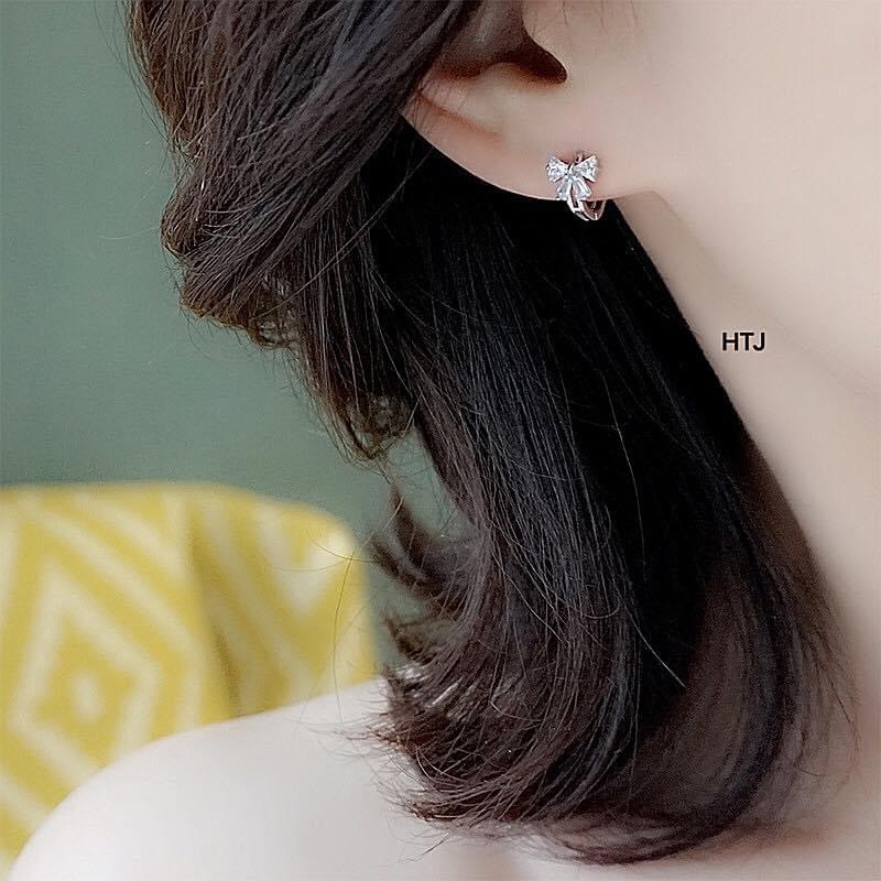 Bông tai nữ bạc thật hình nơ đính đá chốt bấm cực xinh LINH MIU SILVER