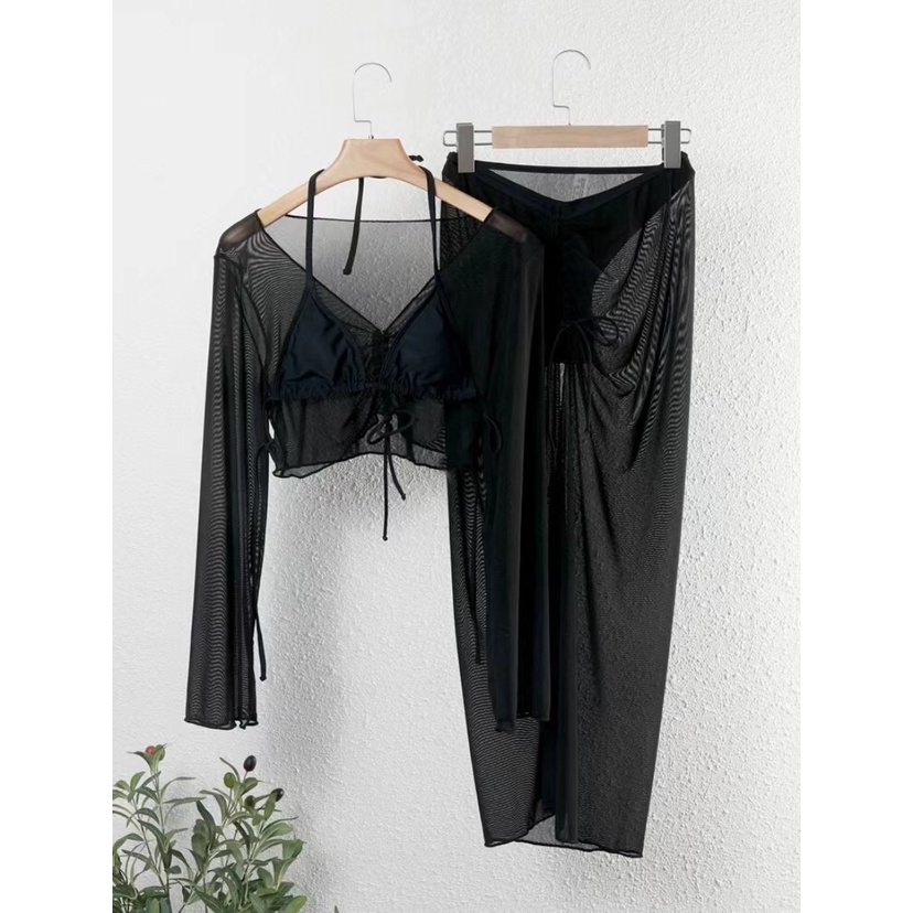 Set Bikini 4 Món Màu Đen Tay Dài Trễ Vai Quyến Rũ Thời Trang Đi Biển Cho Nữ F189