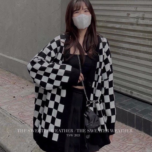 Áo khoác ngoài kiểu Cardigan họa tiết hình bàn cờ Nagnagstore chất vải len nỉ dày dặn dáng rộng chuẩn Unisex TL17