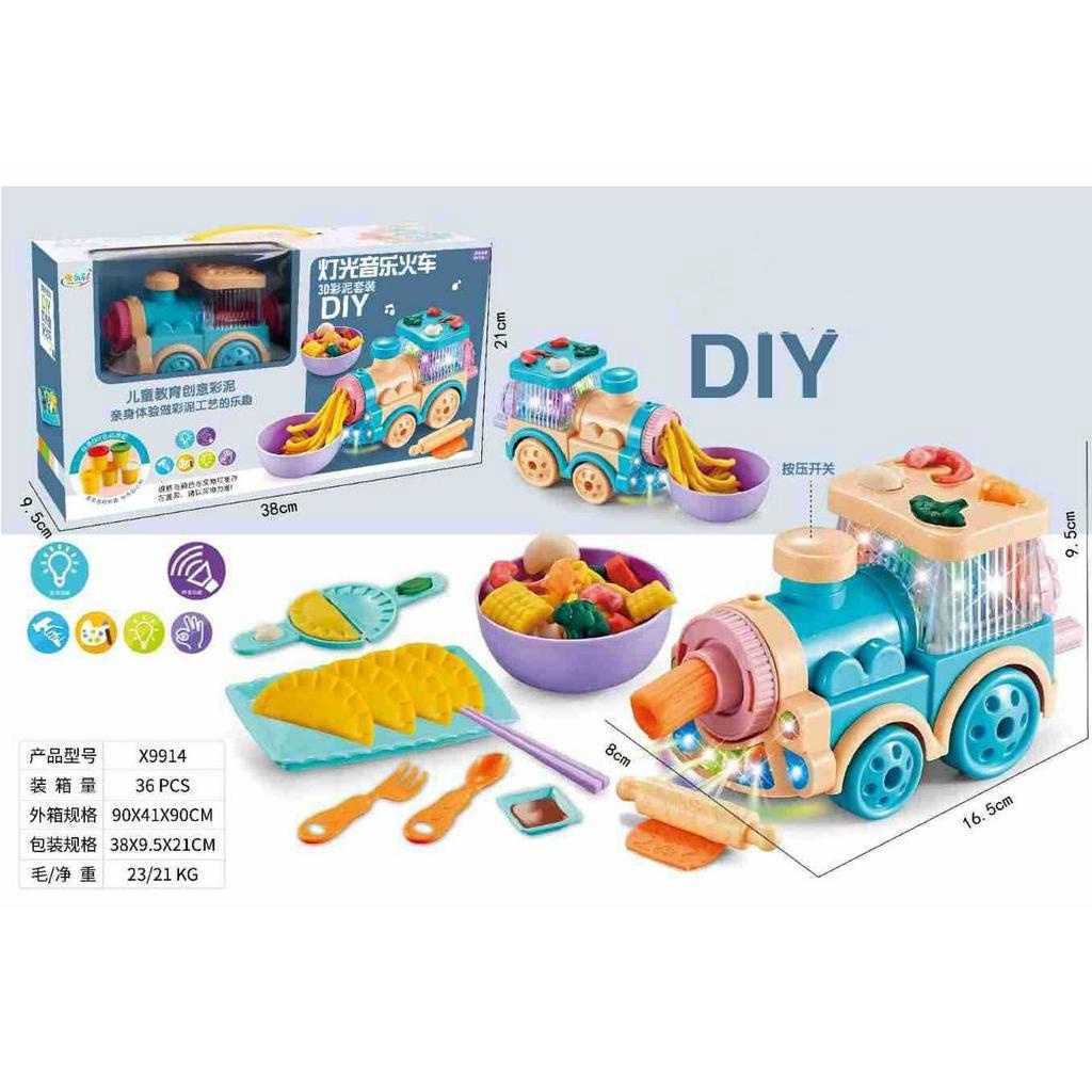 Đồ chơi đất nặn làm mì hình tàu hỏa 21 chi tiết có nhạc và ánh sáng kèm khuông tạo hình, thegioidochoi1104