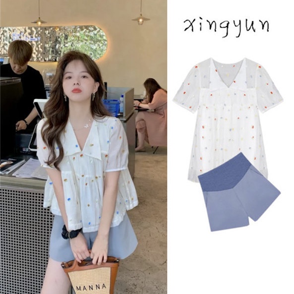 Bộ Áo chiffon Thêu Họa Tiết + Quần ngắn ống rộng Thời Trang Cho Mẹ Bầu