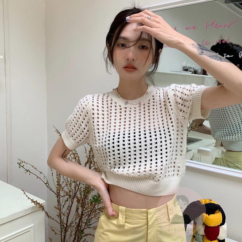 Áo Thun Dệt Kim Tay Ngắn Cổ Tròn Màu Trơn Thời Trang Dành Cho Nữ