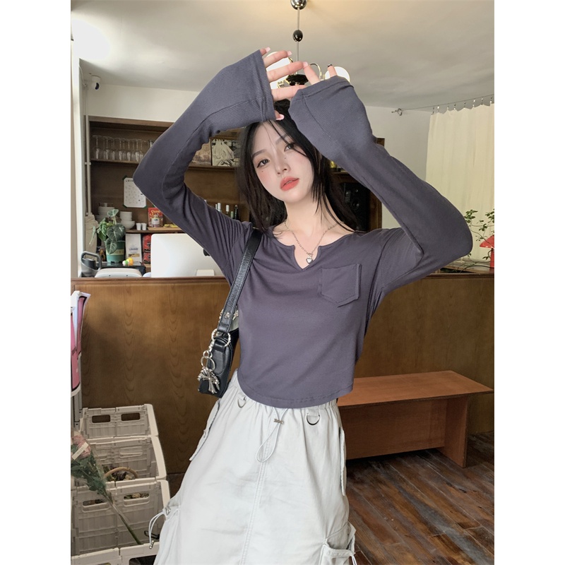 Áo Thun Mỏng Tay Dài Cổ Chữ V Màu Trơn 4 Màu Thời Trang Dành Cho Nữ