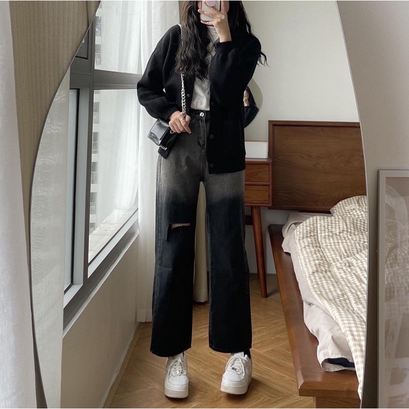 Quần jean suông ombre xám đen