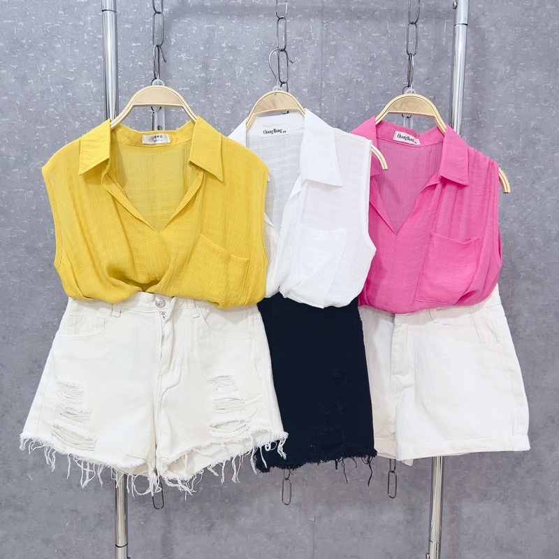 Xả hàng - Áo sơ mi buộc vạt sát nách nhiều màu chất đũi mềm mát SM073 - NhiNhi Shop